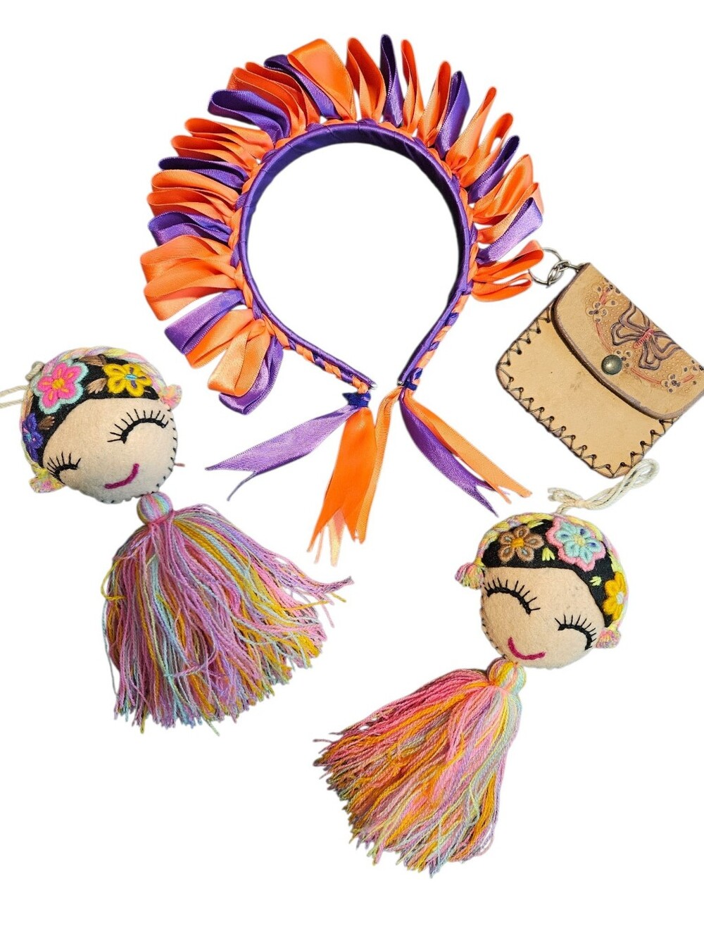 Mexican Headband, Coin Purse & Pom Pom Embroidered Tassles.